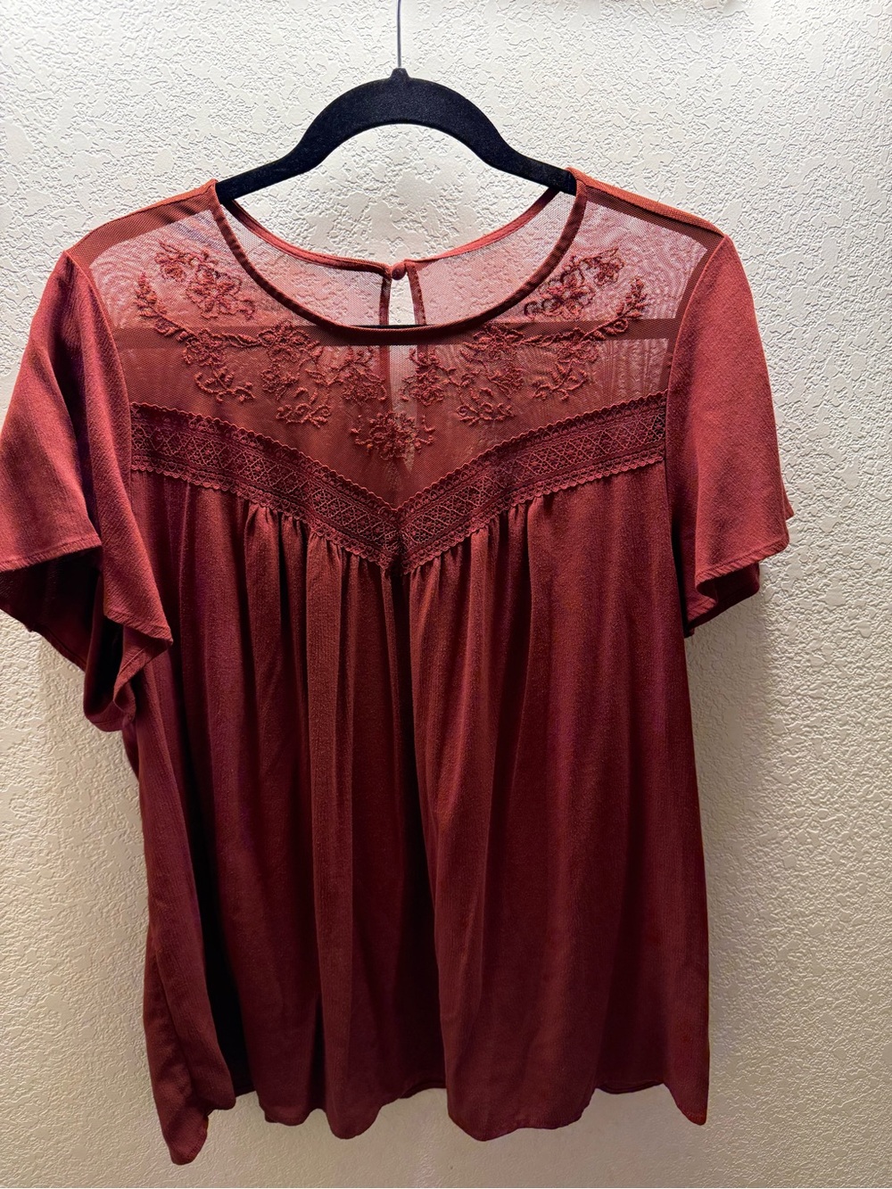 torrid Brick Red Embroidered Lace Yoke Short Sleeve Top